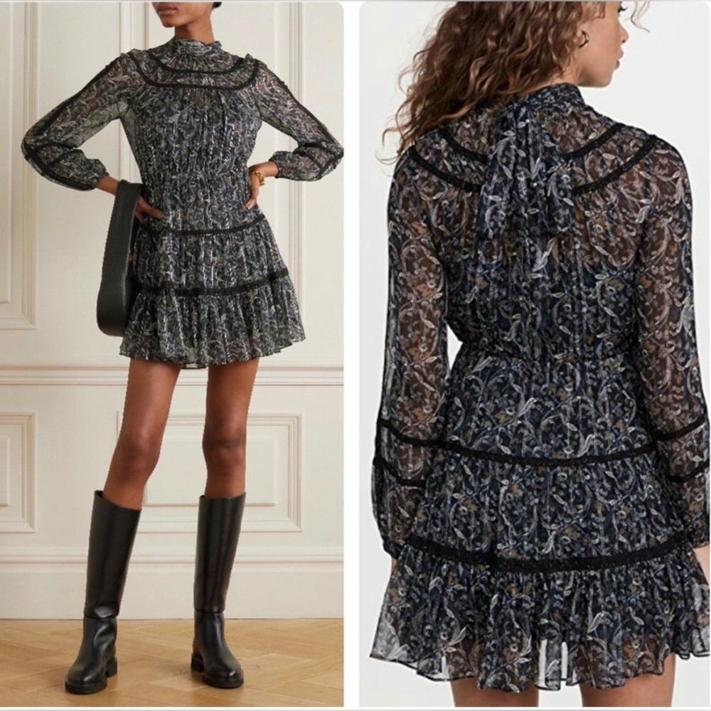 Veronica Beard Rahla‎ Sheer Long Sleeve Silk Metallic Paisley Boho Mini Dress 6